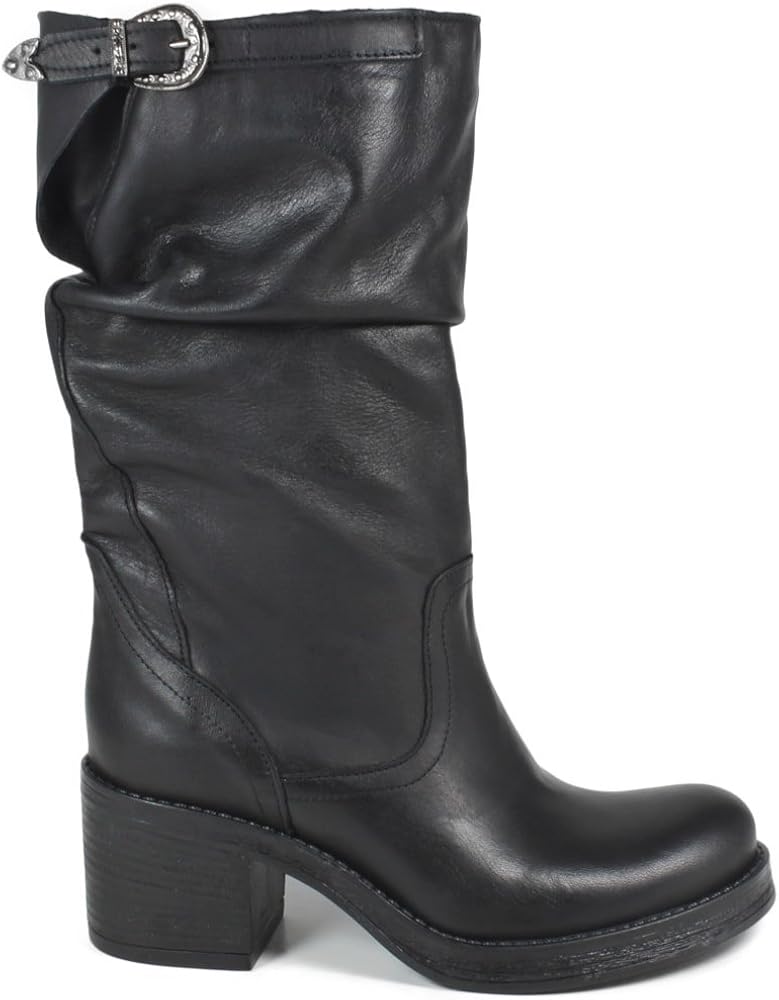 In Time 0294 Women's Biker Boots Half Calf Heel Black Curly Real