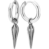 Mens Stainless Steel Hoop Earrings with Spear Spike Charm, Huggie Hinged, Edgy Gothic Biker Jewelry