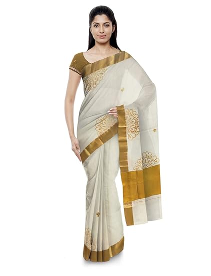 Shrikruti Creations Hand Painted Floral Art work on Handloom Women's Kerala Cotton Saree