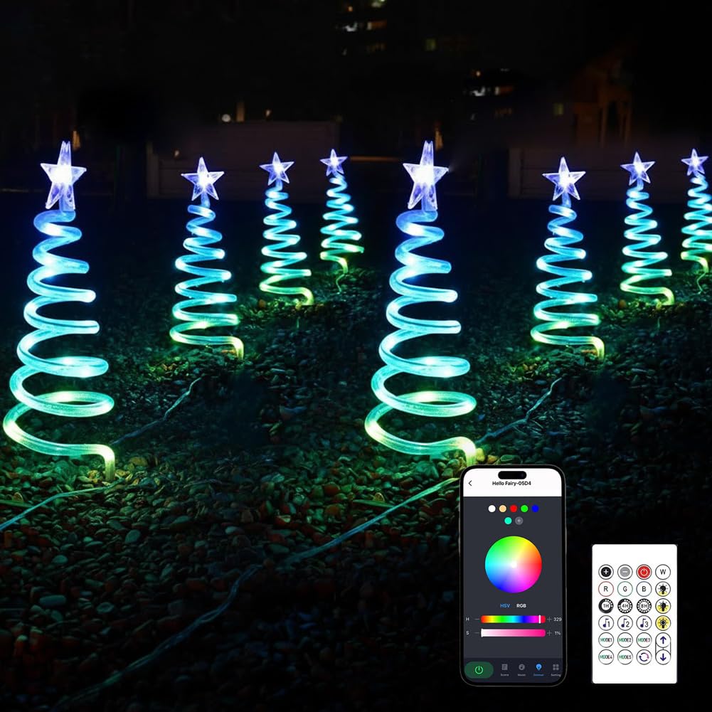 Photo 1 of 8 Packs Smart Spiral Christmas Tree Pathway Lights, 120 LEDs RGB Outdoor Spiral Tree Lights with APP & Remote Control, Music Sync, Waterproof Walkway Lights for Yard, House and Pathway Decor (1.5FT*8)
