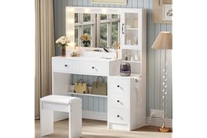 TOKSOM Makeup Vanity with Lights & Charging Station, White Vanity Table with 5 Drawers & Open Storage Shelves, Vanity Desk with Mirror & Lights, Dressing Table Set, Bedroom Makeup Table Set Black Handle