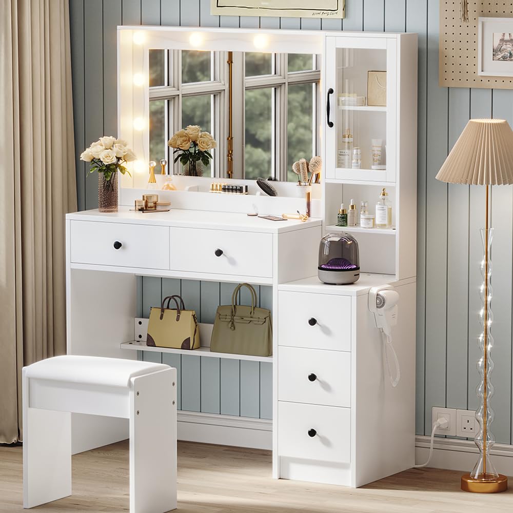 Photo 1 of ***** PHOTO SIMILAR*****Makeup Vanity with Lights & Charging Station, White Vanity Table with 5 Drawers & Open Storage Shelves, Vanity Desk with Mirror & Lights, Dressing Table Set, Bedroom Makeup Table Set Black Handle