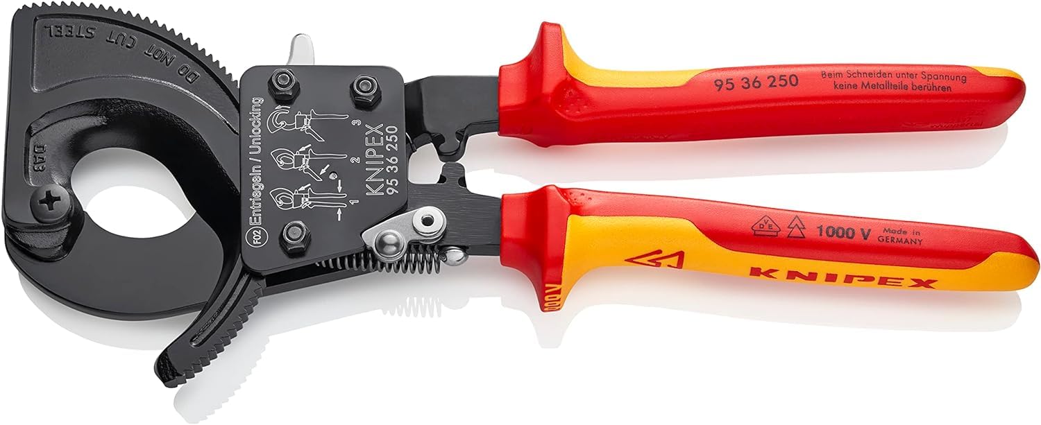 KNIPEX Cable Cutter with Ratchet Action, 250 mm, VDE, for CU and AI Cable to 32 mm (240 mm²), Cable Cutters, Wire Cutters, 95 36 250