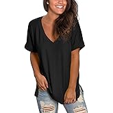 SAMPEEL Women's V Neck T Shirts Casual Rolled Short Sleeve Side Split Summer Tops Loose Fit