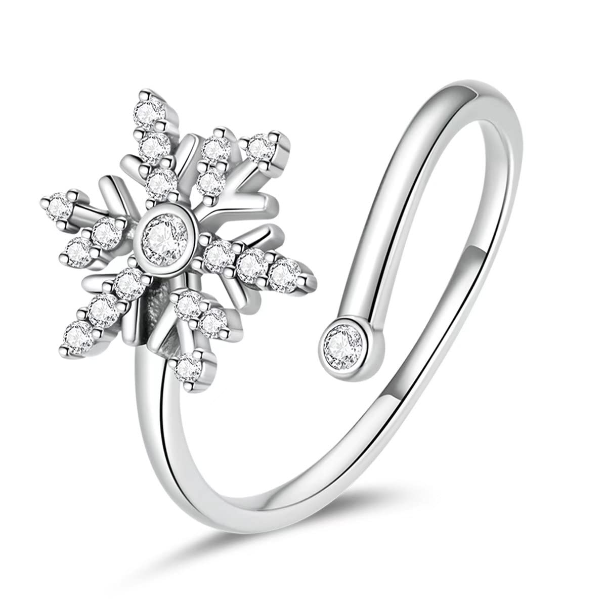 Qings Snowflake Open Adjustable Ring 925 Sterling Silver Sparkling Frozen Snow Flower CZ Zircon Oxidized Ice Winter Elegant Dainty Jewelry Gift for Women Girls Daughter