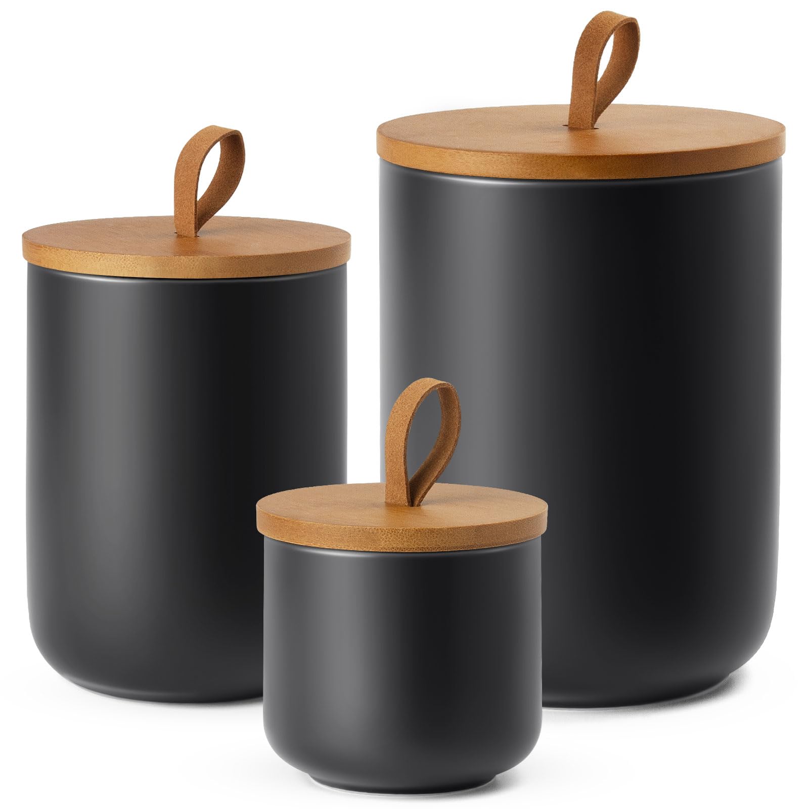 Photo 1 of YUNLINLI Black Canisters Sets for The Kitchen, Airtight Kitchen Canisters for Countertop, Kitchen Canisters Set of 3 with Top Handle, Modern Ceramic Jar with Wooden Lid for Coffee Flour Cookie Nuts