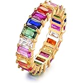 Eternity Rainbow Ring Wedding Band for Women | 18K Gold Plated Emerald-Cut Rainbow Multi Color Created-Gemstone Eternity Ring