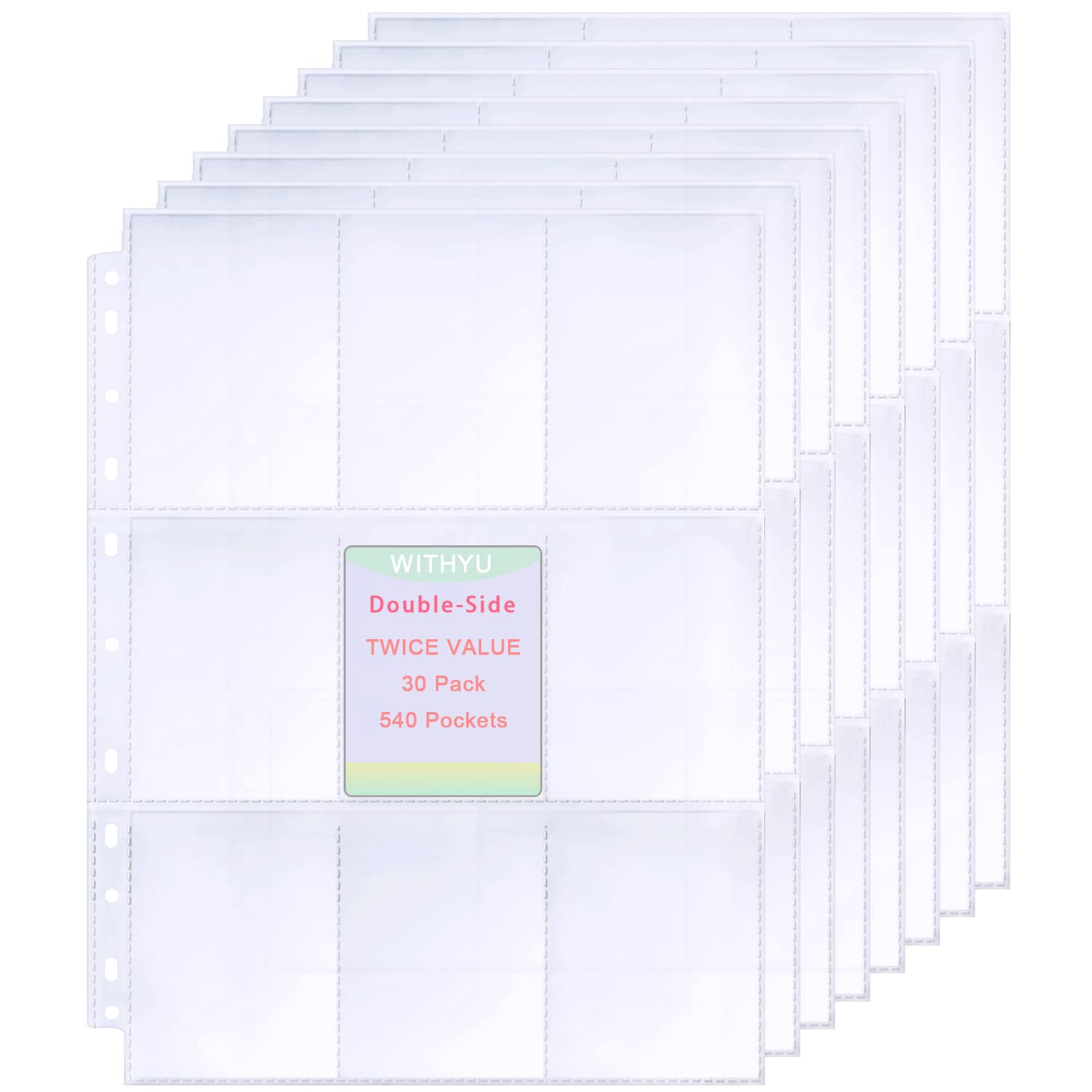 30 Pack 540 Pockets Trading Card Sleeves, 11 Hole Double-Sided 9 Pocket Page Protector, Ultra-Transparent Card Sheets for A4 2/3/4 Ring Binder, Card Sleeves for Game Cards, Football Cards
