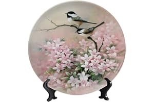 LIGUTARS Flowers and Birds Ceramic Decorative Plate, 8 Inch, Watercolor Tits And Flowers Ceramic Decorative Plate with Vertical Stand Porcelain Plate for Dining Table Tabletop Party Kitchen Home Decor Gift