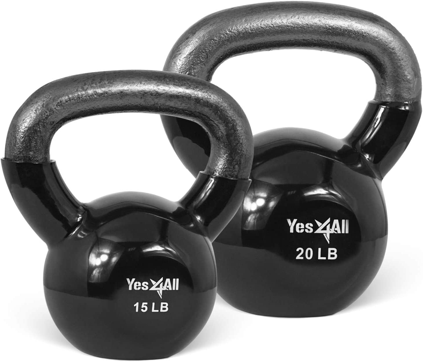 Yes4All Kettlebells 15 20 lbs Set Weight Vinyl Coated Cast Iron for Dumbbell Weights Exercises, Gym, Fitness, Full Body Workout Equipment Push up, Grip and Strength Training, Black Image