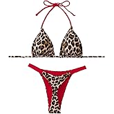 Floerns Women's 2 Piece Cheetah Print Bikini Set Halter String High Waist Thong Bathing Suits