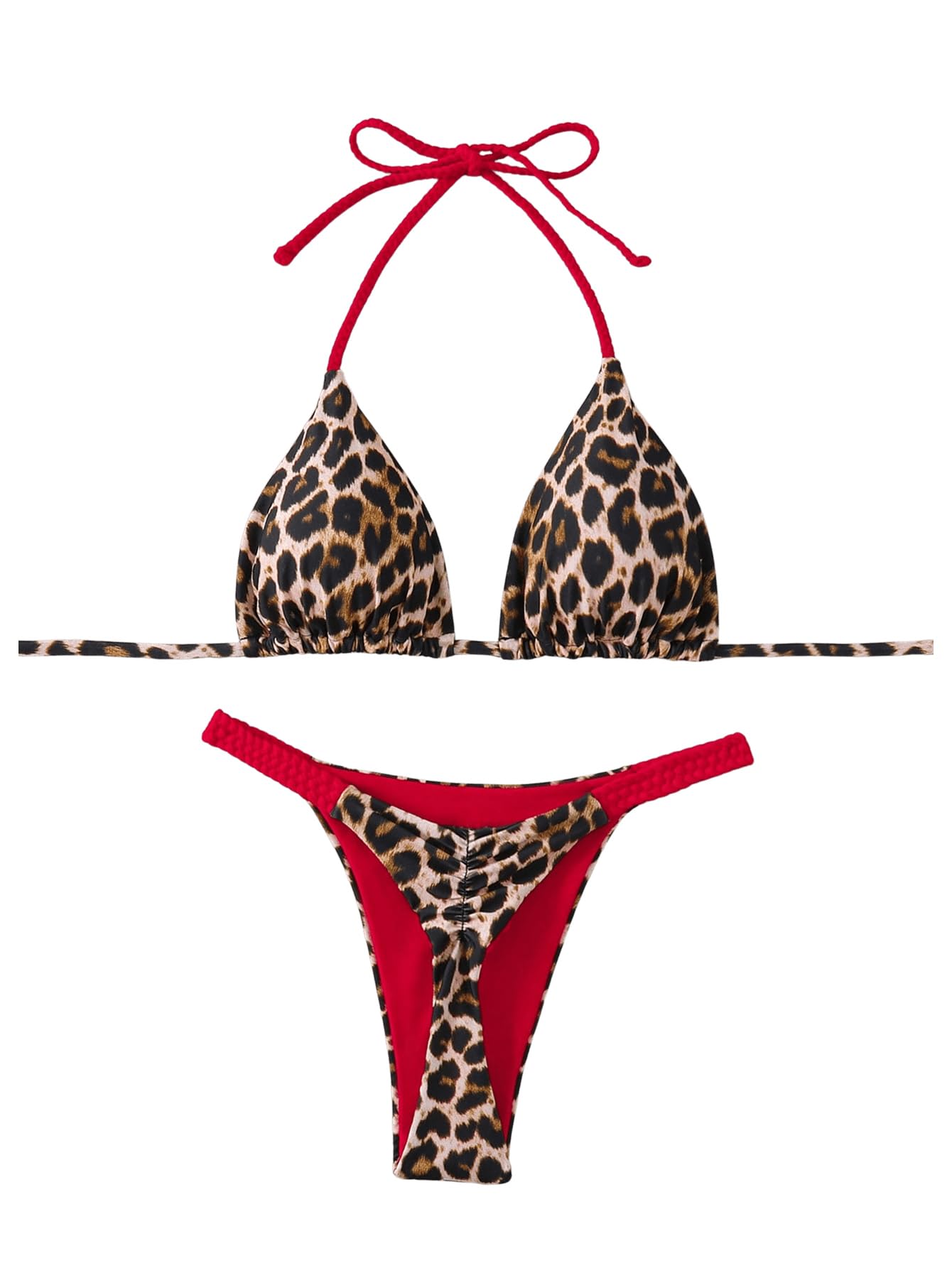 Photo 1 of Floerns Women's 2 Piece Cheetah Print Bikini Set Halter String High Waist Thong Bathing Suits Red Multi Medium
