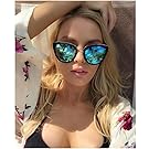 VIVIENFANG My Girl Women's Blue Mirrored Cateye Sunglasses Oversize Polarized Shades P1891A Blue