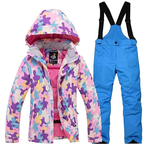 iBaste Gefüttert Skianzug Kinder 2tlg Schneeanzug Skijacke+Skihose Hosenträger Schneehose Jungen Mädchen Regenjacke Mantel Sn