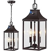 15.5'' Large Outdoor Pendant Light Fixtures 3-Light, Dusk to Dawn Exterior Hanging Lantern Porch Light Adjustable, Brown Hang