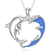 LWXIE Diamond Wave and Dolphin Pendant Necklace for Women 925 Sterling Silver Lab Grown Diamonds Jewelry Gifts 0.07 cttw D Color VVS Clarity