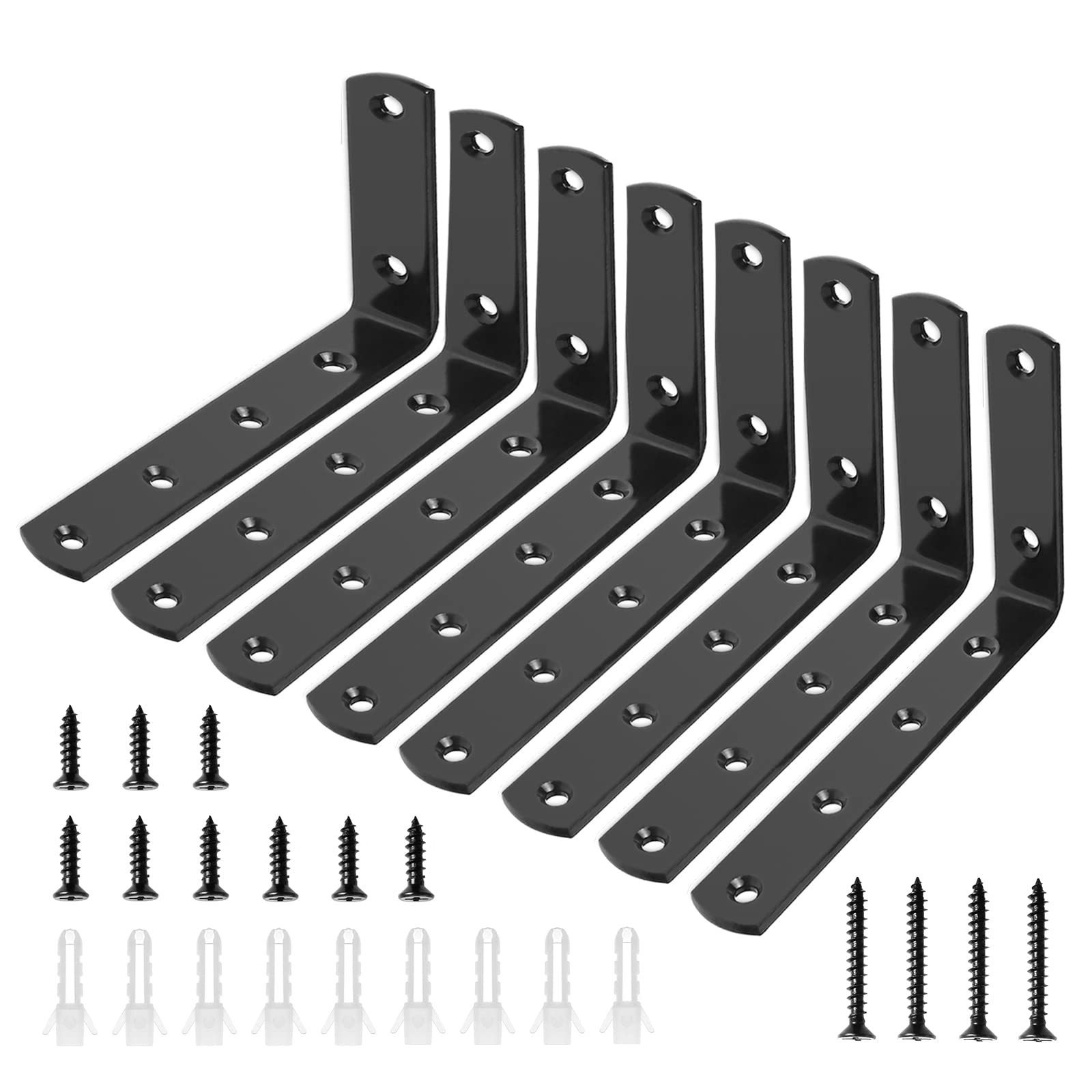 ASelected 8 Pcs L Shelf Brackets 125 x 75 mm 90 Degree Metal L Shaped Corner Bracket Black Right Angle Corner Braces with 48 Pcs Screws and 16 Pcs Anchors