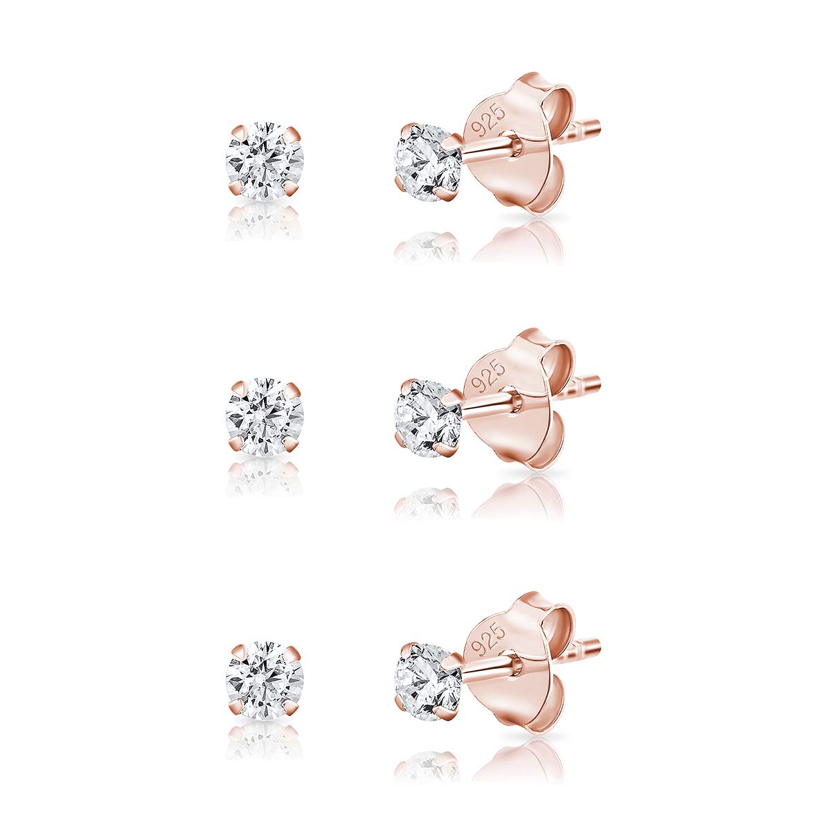 Set of Rose Gold Earrings for Women - Cubic Zirconia Stud Earrings CZ - Clear Ear Studs - Small Stud Earring Set - Tiny Gold Studs - Rose Gold Plated Earrings - 3 mm