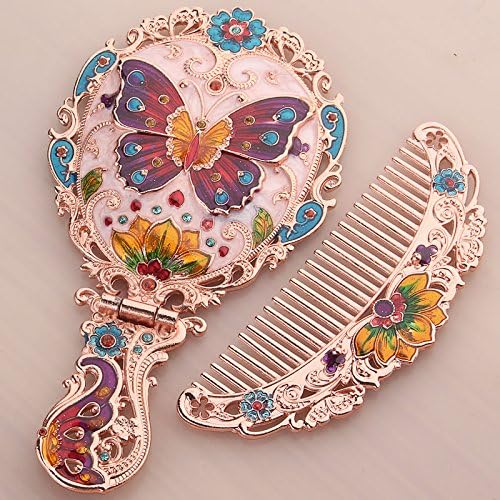 MIXZONES Petite Vanity Set - Embellished Mini Hand Mirror Comb Set Butterfly 3D style Mirror