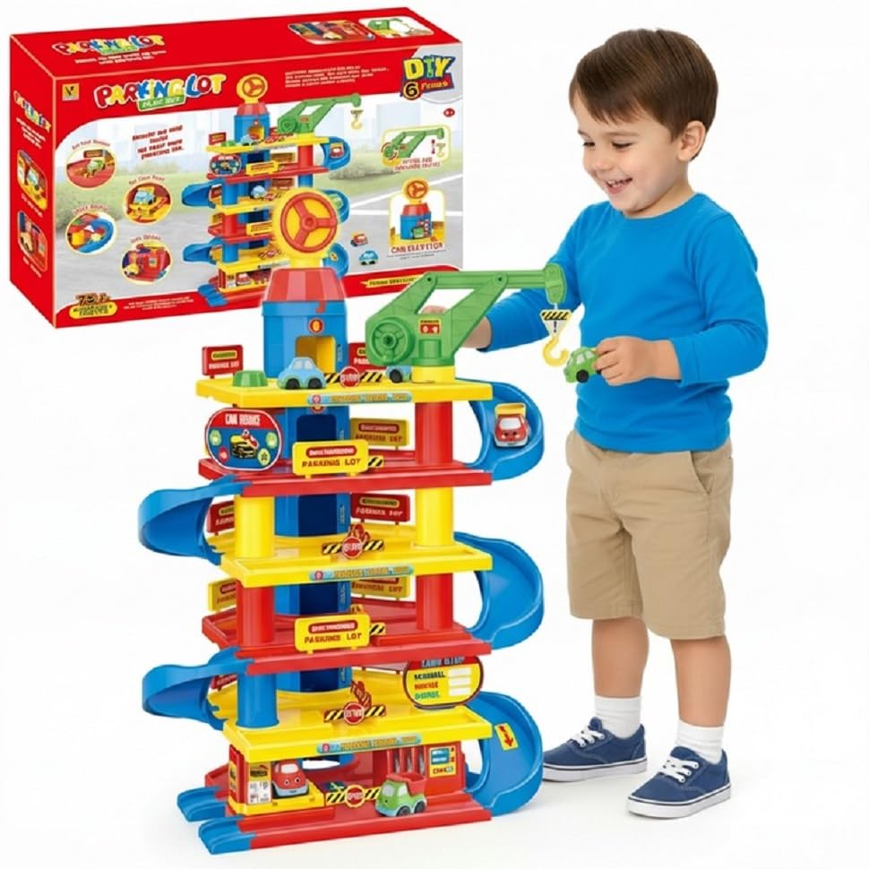 COIL Children's Car Park with Car Wash, Crane and Elevator, Robust Parking Garage Playset for Children from 3 Years, Interactive Toy with Petrol Station, Large Creative Play Garage (75 Elements)