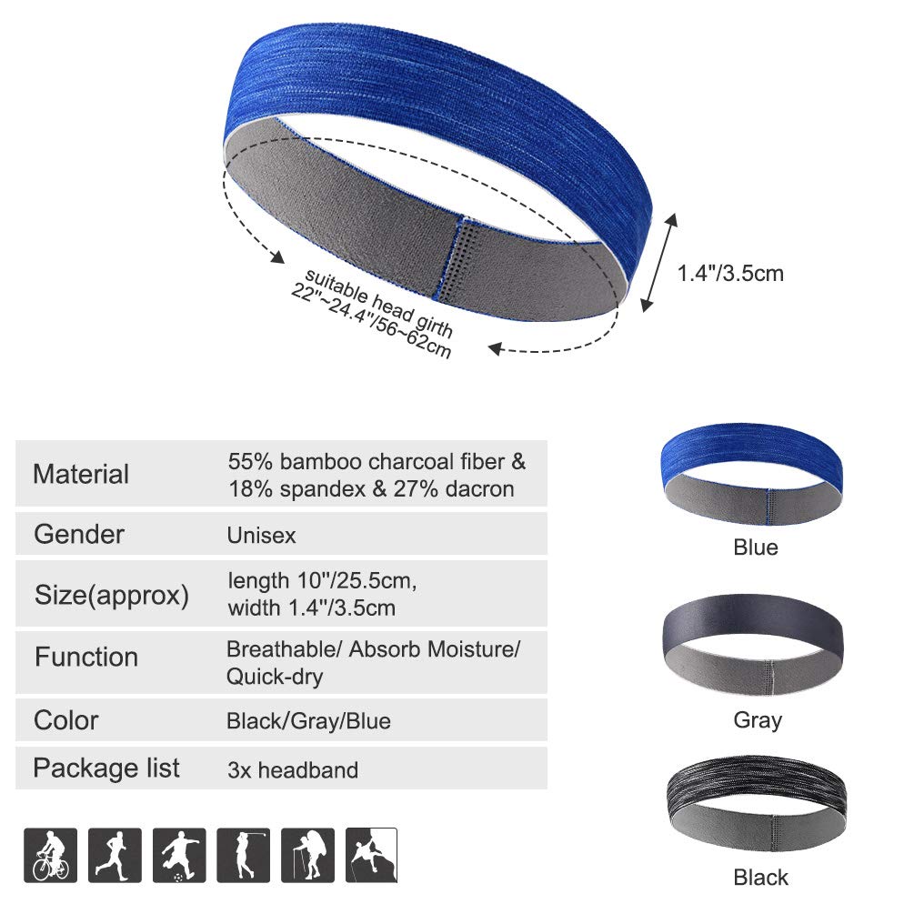 VBIGER 3 Pièces Bandeaux de Sport Élastique Antidérapantes Hommes Femme Bande Cheveux d\'Évacuation de l\'Humidité Unsexe