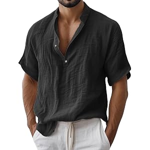 Mens Cotton Linen Henley Shirts Short Sleeve V Neck Tops Summer Loose Fit Casual Beach T Shirts Lightweight Tees