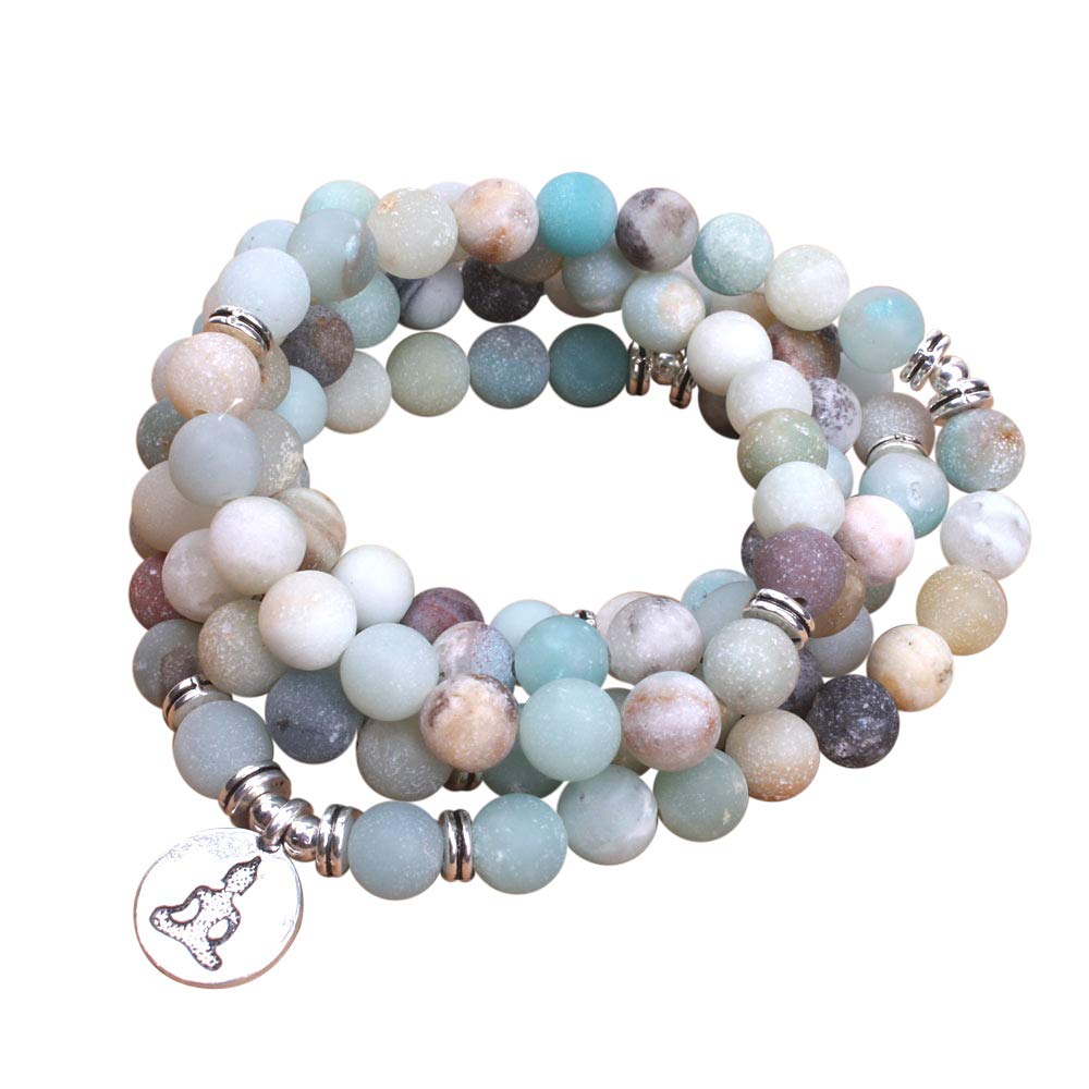 'SHANTI by Mira' Gemstone Jap Mala 108 Beads + 1 - Handmade Spiritual Protection Worry Stones For Crystal Healing Reiki Therapy Targeted Chakra Energy ('Serenity' Amazonite Buddha Charm Mala Bracelet)