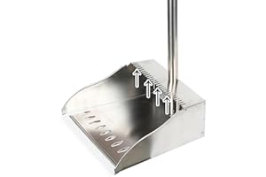 Metal Dustpan Long Handle Stainless Steel Dustpan,Heavy Duty Dust Pan with Teeth,Indoor Outdoor Standing Up Dust Pan for Home