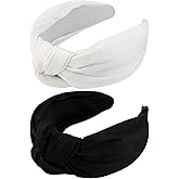 VELSCRUN 2 Pcs Wide Knotted Headbands for Women - Black & White Solid Head Bands for Top Knots, Washing Face, Gifts