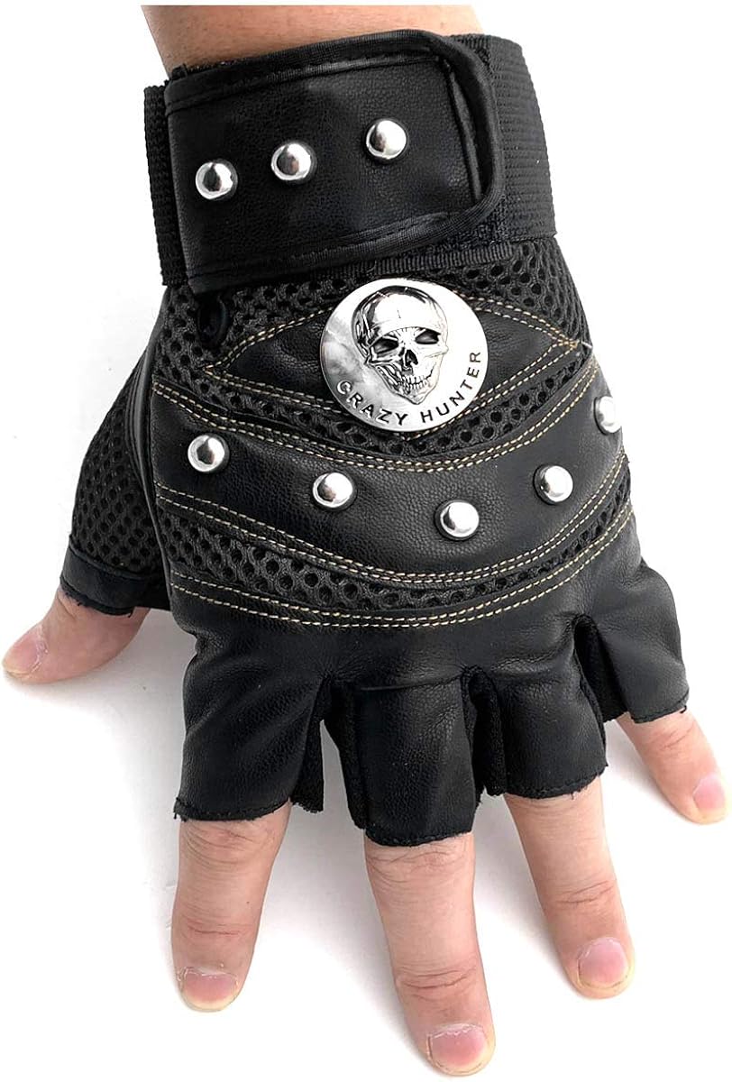 Skull Studded Gloves Punk Motorcycle Car Biker Men Gloves Fingerless