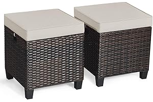 Tangkula 2 Pieces Outdoor Patio Ottoman, All Weather Rattan Wicker Ottoman Seat, Patio Rattan Furniture, Outdoor Footstool Footrest Seat w/Removable Cushions
