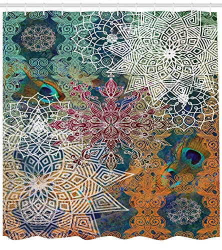 Indian Shower Curtain Boho Yoga Decor By Ambesonne, Natural Peacock Feather Indian Batik Hippie Mandala Medallion, Fabric Bathroom Shower Curtain Set With Hooks, Teal Orange Turquoise Mustard White (4665416471644)