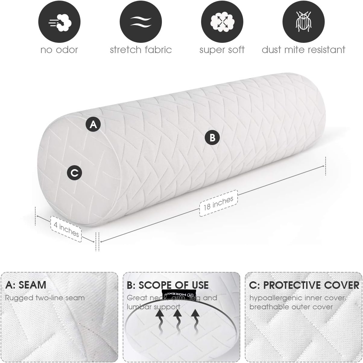 HOKEKI Cervical Bolster Round Pillow and Memory Foam Neck Roll for Neck, Spine, Lumbar Traction, Spondylosis Pain Relief with Washable Coat, 4” Diameter x 18 “Length (White): Home & Kitchen