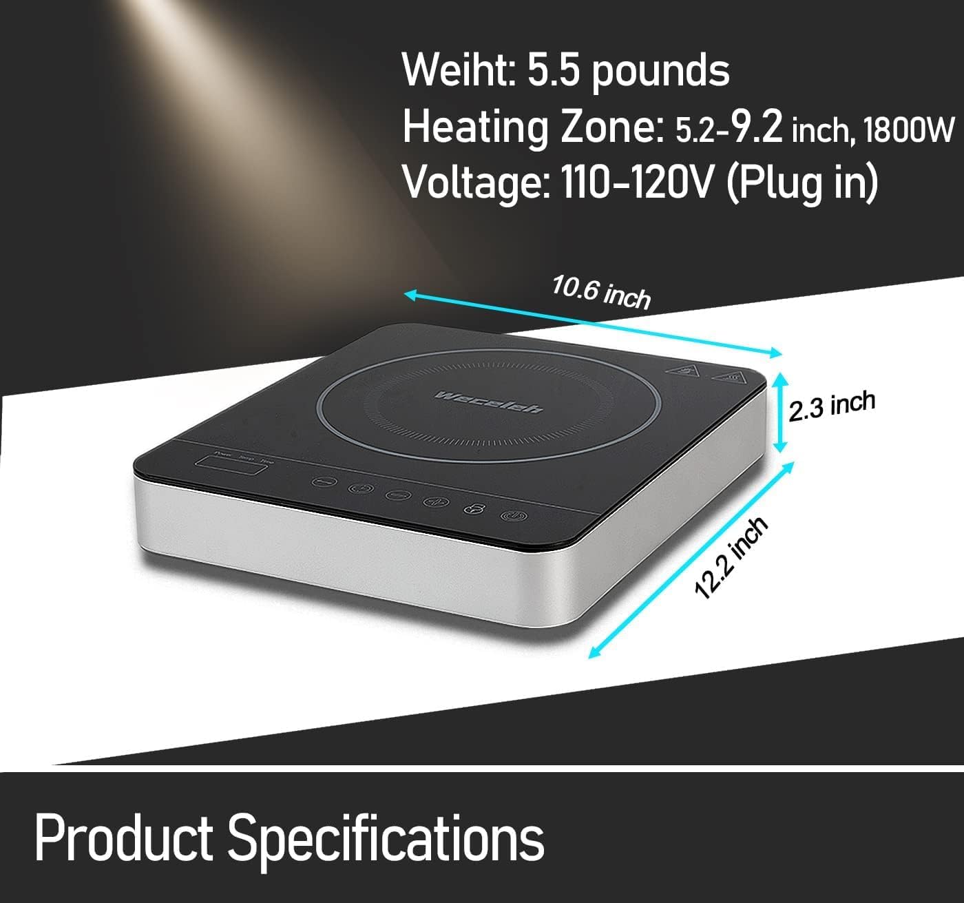1800W Portable Induction Cooktop With 9 Power Levels, 3 Hours Timer, Child Safety Lock, Overheat Protection - Glass Electric Hot Plate (10.6'' x 12.2'' x 2.36'')