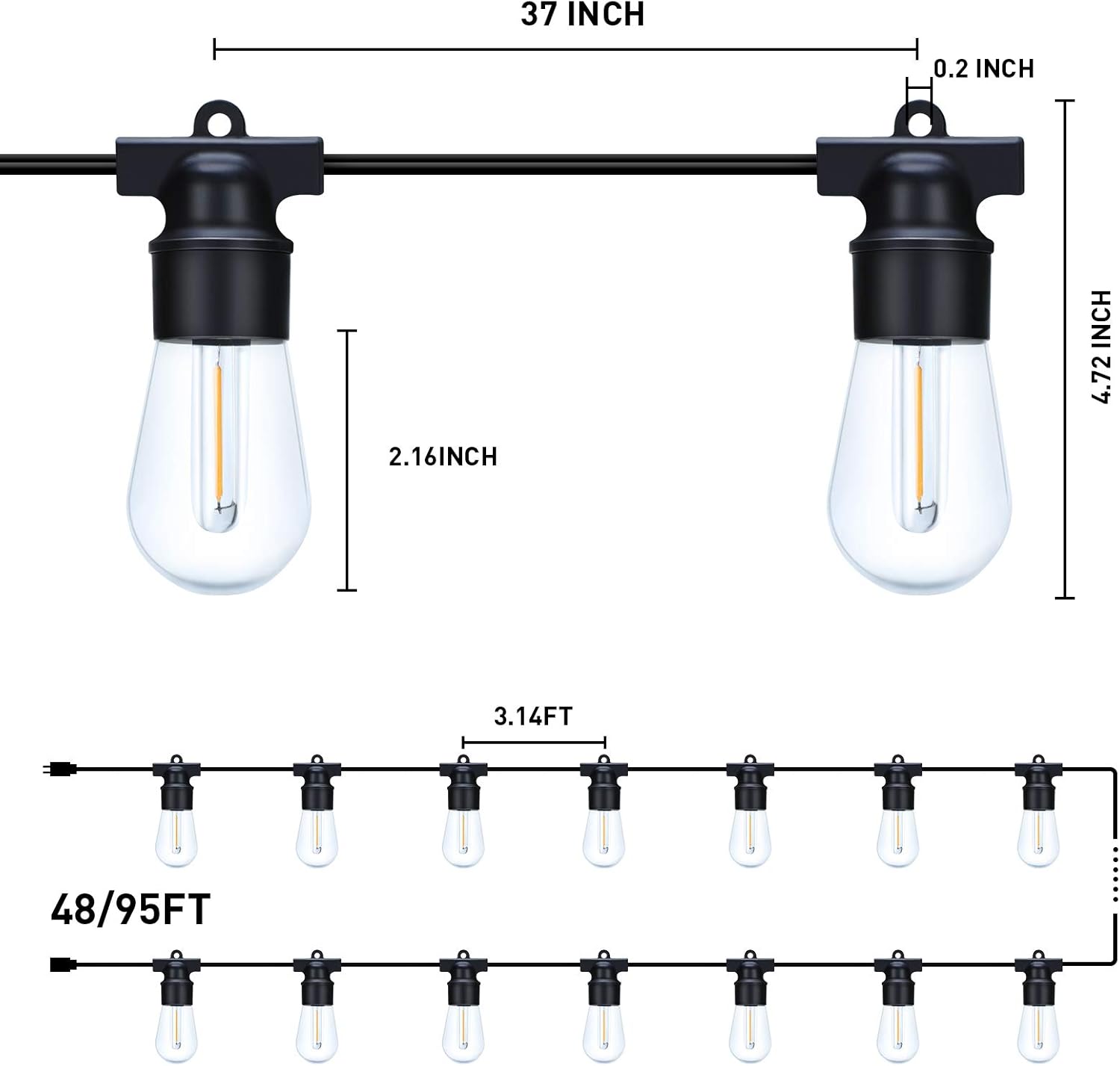 AMSIKE LED Outdoor String Lights 48ft Patio Lights with 16 Bulbs(1 Spare) 2700K Shatterproof Waterproof Plastic Bulbs UL Listed Heavy-Duty Decorative LED Lights for Patio Bistro Backyard Porch Garden - - 