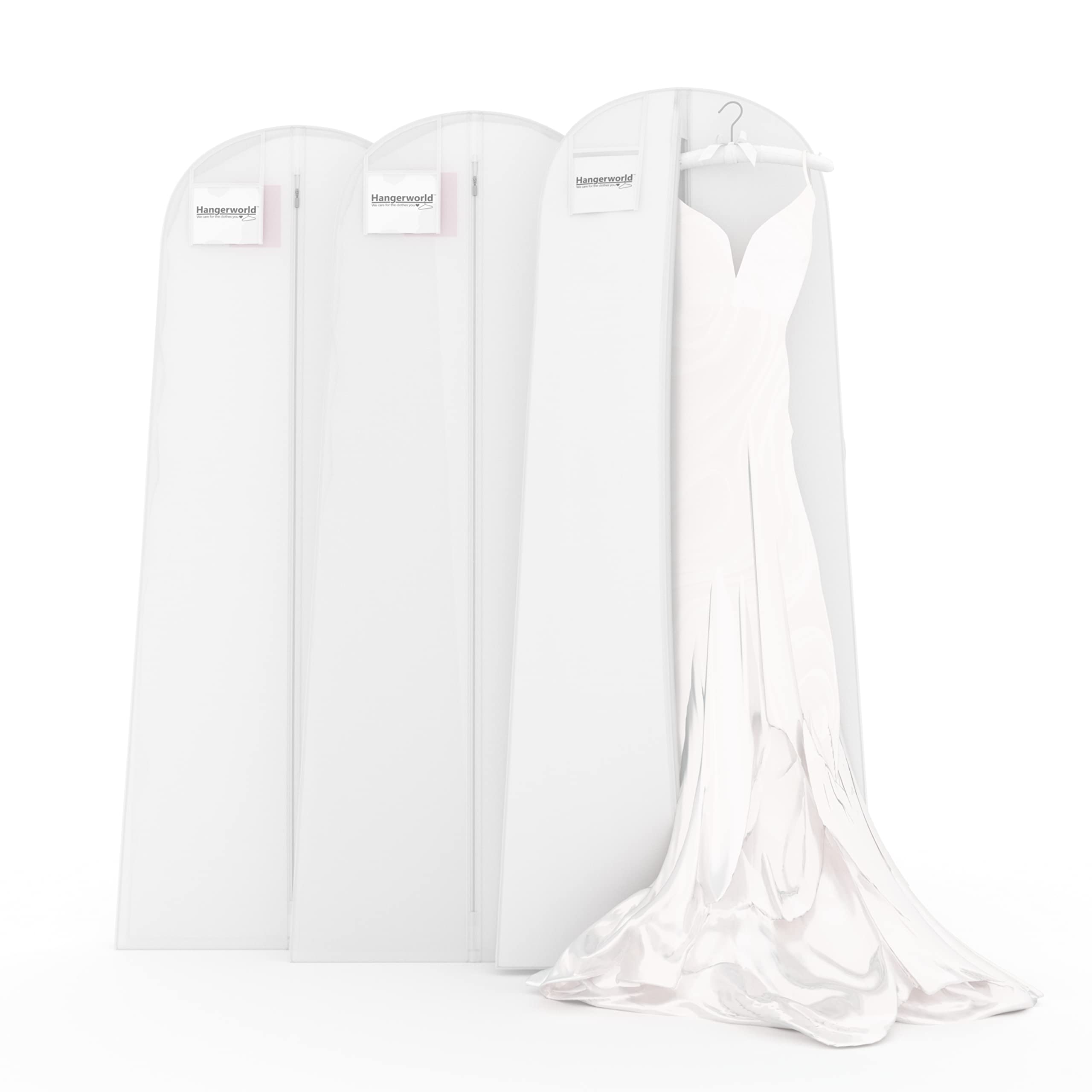 Hangerworld 3 White 72 Inch Breathable Wedding Dress Bridal Gown Garment Cover Bags with Secret Internal Zipped Pocket
