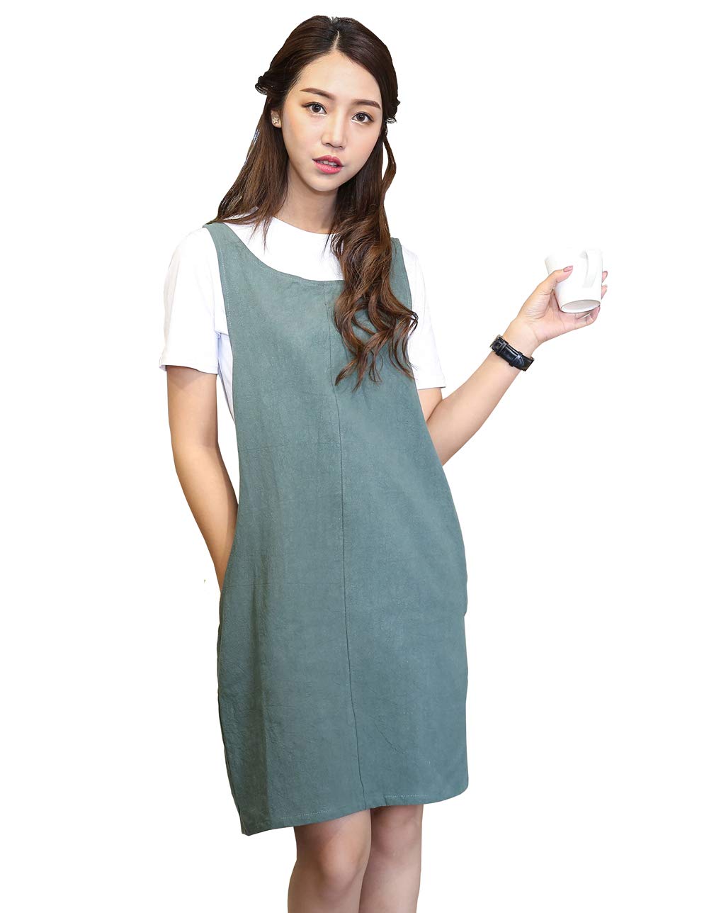 BBYBBS Soft Cotton Linen Apron Solid Color Halter Cross Bandage Aprons Japanese Style X Shape Kitchen Cooking Clothes Gift for Women Chef Housewarming (Army Green)