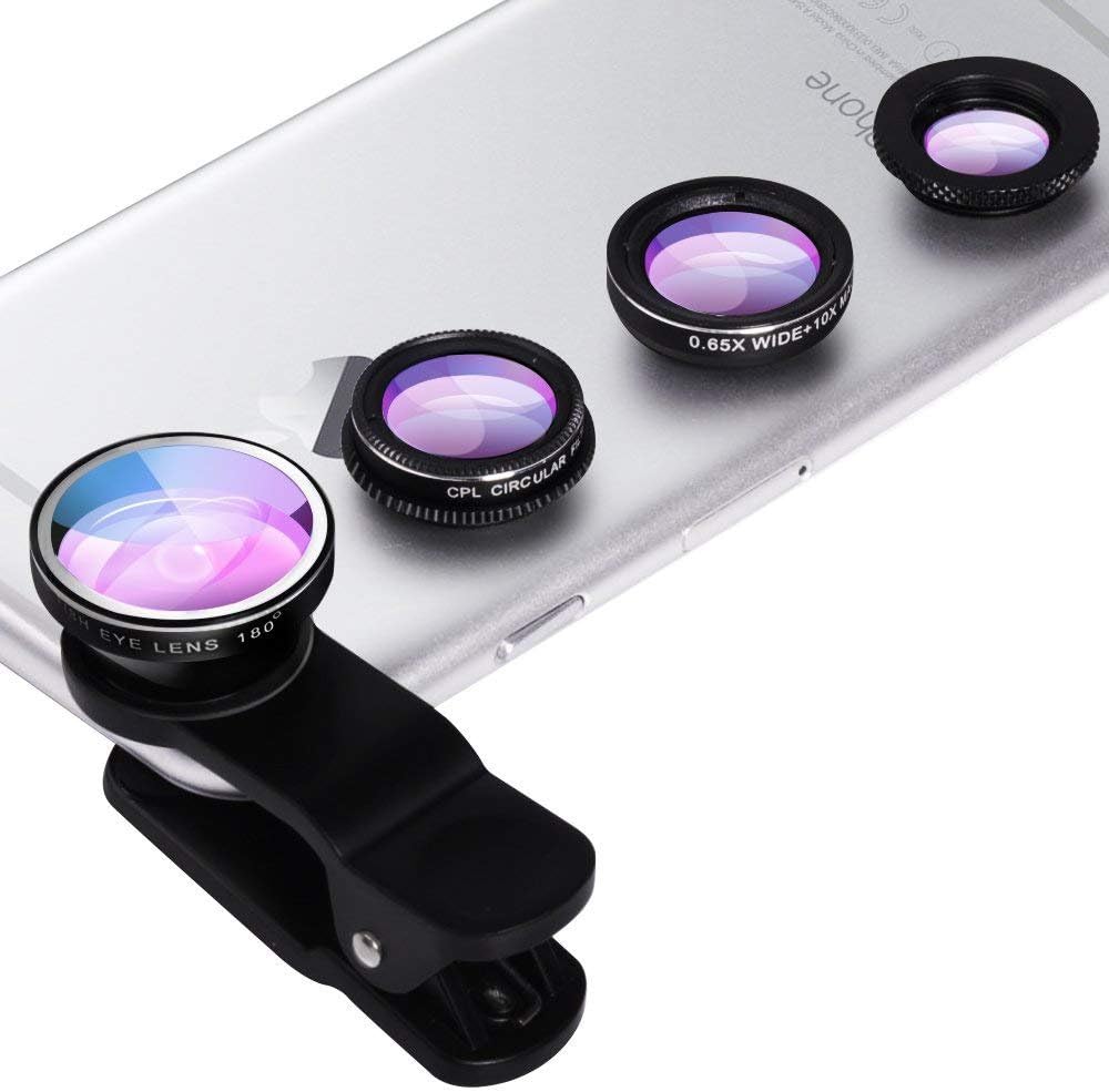 Evershop Universal 4 in 1 iPhone Camera Lens Kit Clip on Fish Eye Lens + 2 in 1 Macro Lens + Wide Angle Lens + CPL Lens Camera Lens Kit for Smart Phones iPhone