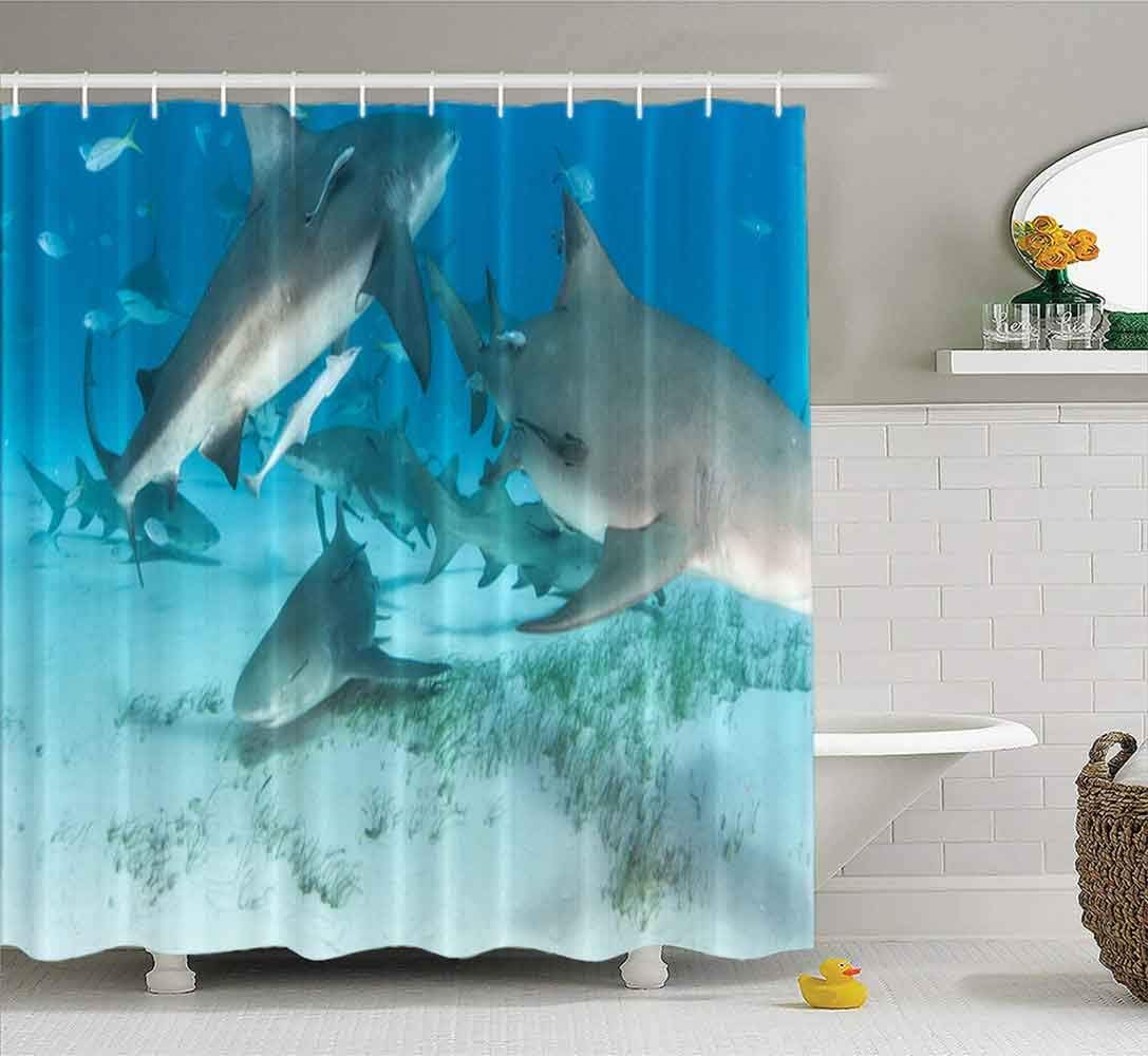 Musesh Shower Curtains,Wide Shower Curtains,78X72 Inch Shower Curtain with Hooks for Bathroom Picture Shows Reef Sharks and Lemon The at Bahamas