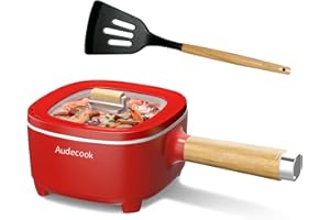 Audecook Hot Pot Electric 2L, Cermic Glaze Non-Stick Frying Pan 8 Inch, Portable Travel Cooker for Ramen/Steak/Fried Rice/Oatmeal/Soup, with Dual Power Control (Silicone Spatula Included)