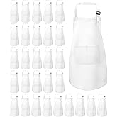 ZLEVEAYN 30 Pcs Kids Apron Bulk Adjustable Children Bib Aprons with Pockets for Girls Painting Kitchen Cooking Baking (White, L)