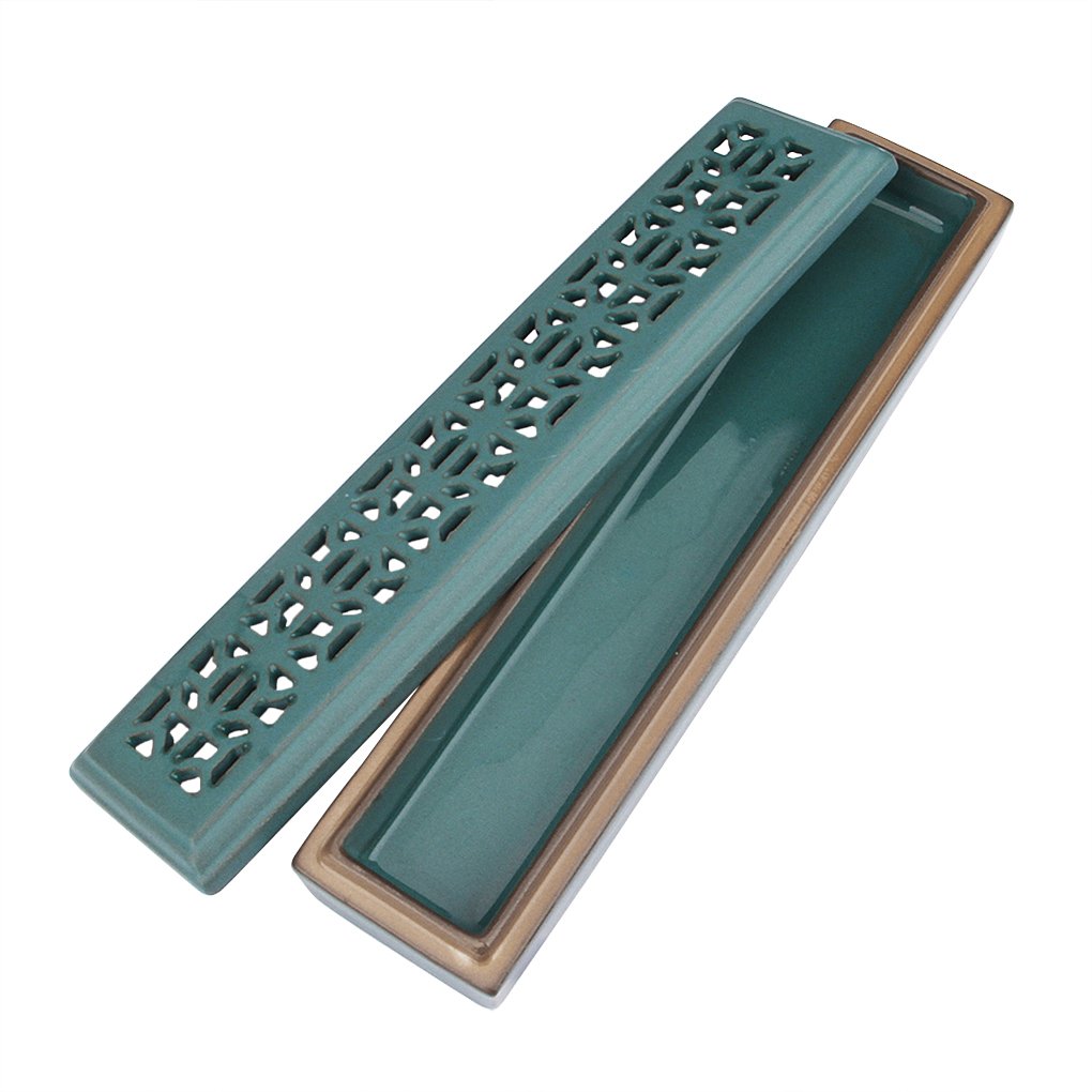 Vintage Rectangular Ceramic Incense Burner With Exquisite Lid Porcelain Incense Stick Holder Stand Ash Catcher Tray Box With Fireproof Layer Home Buddhist Temple Accessory, Print C