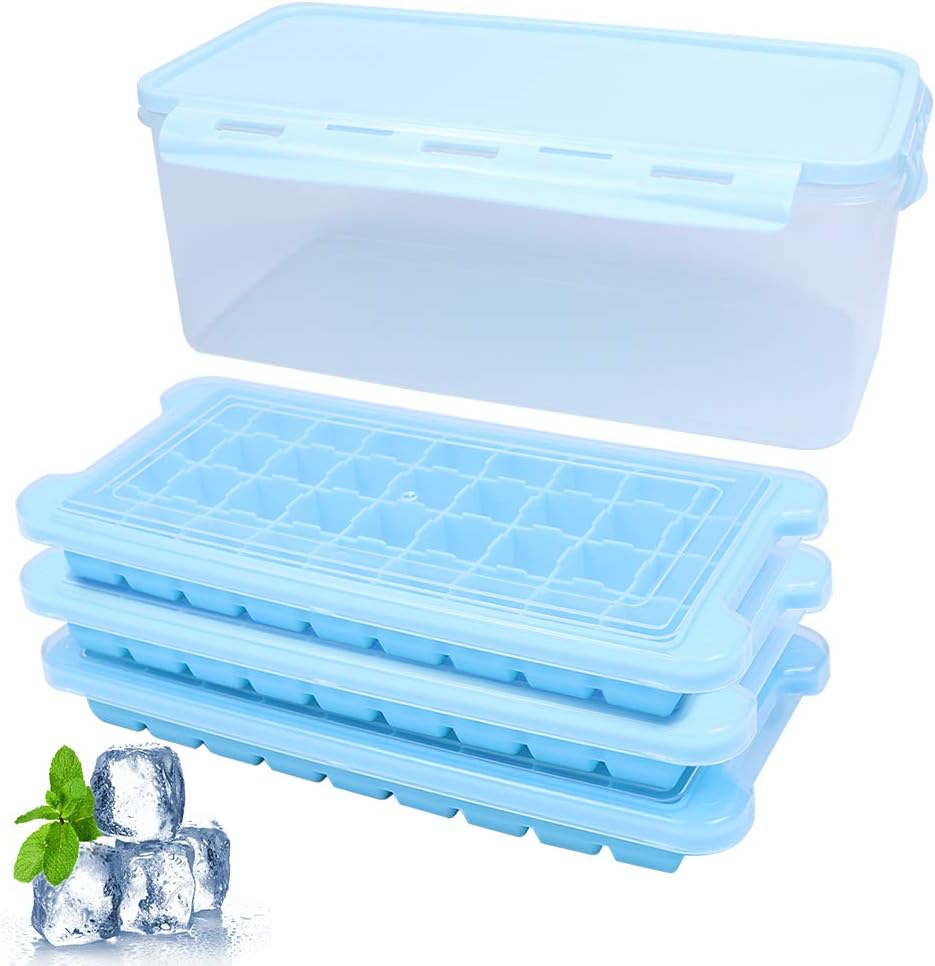 Ice Cube Trays 3 Pack with Ice Cube Storage Container, BPA Free Silicone Ice Cube Modes with Lid for Chilled Drinks,Whiskey,Cocktail