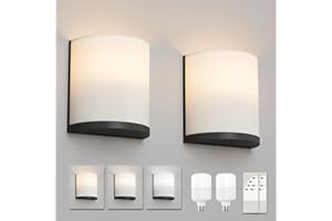 Aoceley 2-Pack Battery Operated Wall Sconces Black,Indoor Non-Hardwired Remote Control Wall Light,3-Color Dimmable,3-Level Brightness,Fabric Wall Lamp for Bedroom Living Room Hallway(Bulbs Included)