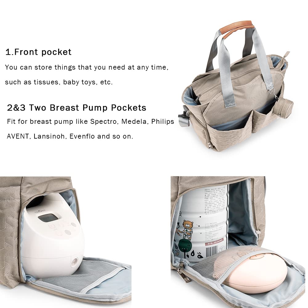Breast Pump Bag - Baby Diaper Tote Bag with Laptop Sleeve Fit 15 Inch Laptop and Insulation Pocket, Fit Most Breast Pumps Like Medela, Spectra S1,S2 Avent（Brown）