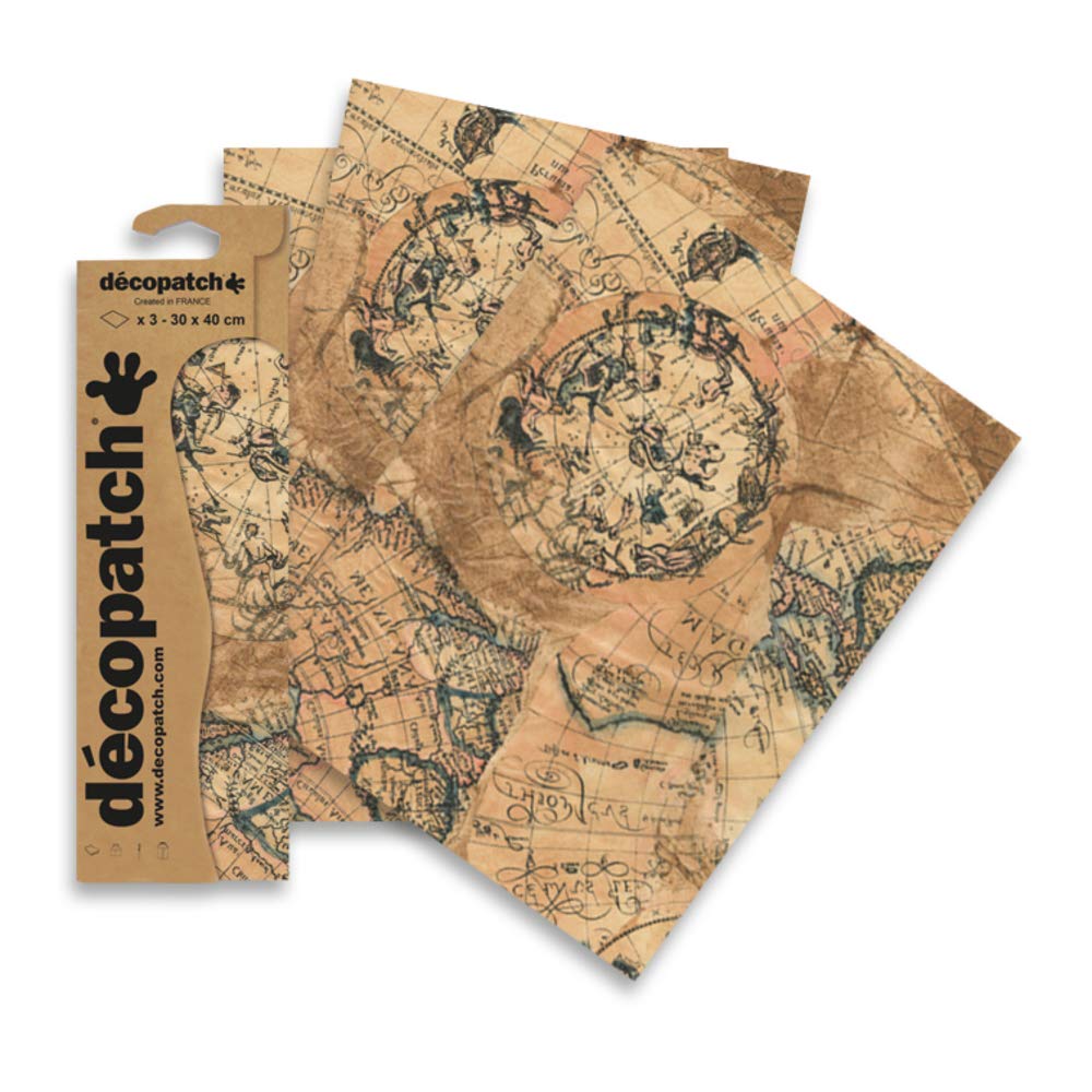 Décopatch C806C - A pouch of 3 sheets of printed paper 30x40 cm, Steampunk card - DIY - Customisable Décor - Completely Personalise - Creative Leisure Activity, Atlas Effect
