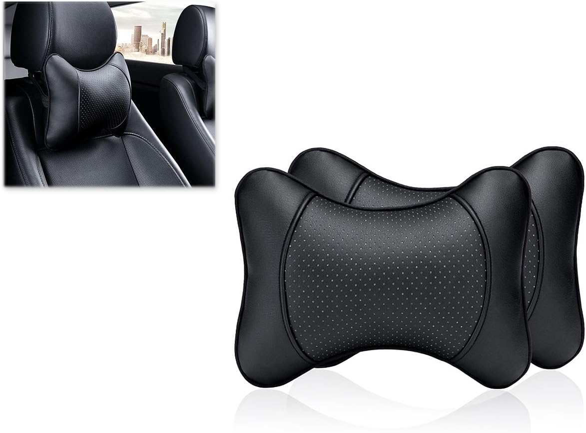 DSstyles 2 Pieces PU Leather Neck Pillow for Car Seat Headrest Cushion 28x18cm Car Neck Cushion (Black), Standard - Image 3