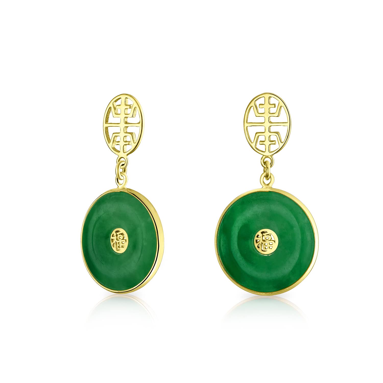 Asian Style Circle Round Donut Good Fortune Fu Character Chinese Symbol Dyed Green Jade Disc Dangle Drop Earrings For Women Gold Plated.925 Sterling Silver