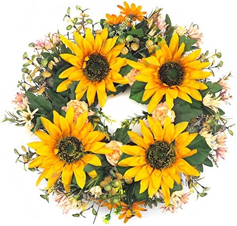 Emlyn Artificial Sunflower Wreath - 19" - Stunning Summer Wreaths For Front Door, Wedding, Home Decor