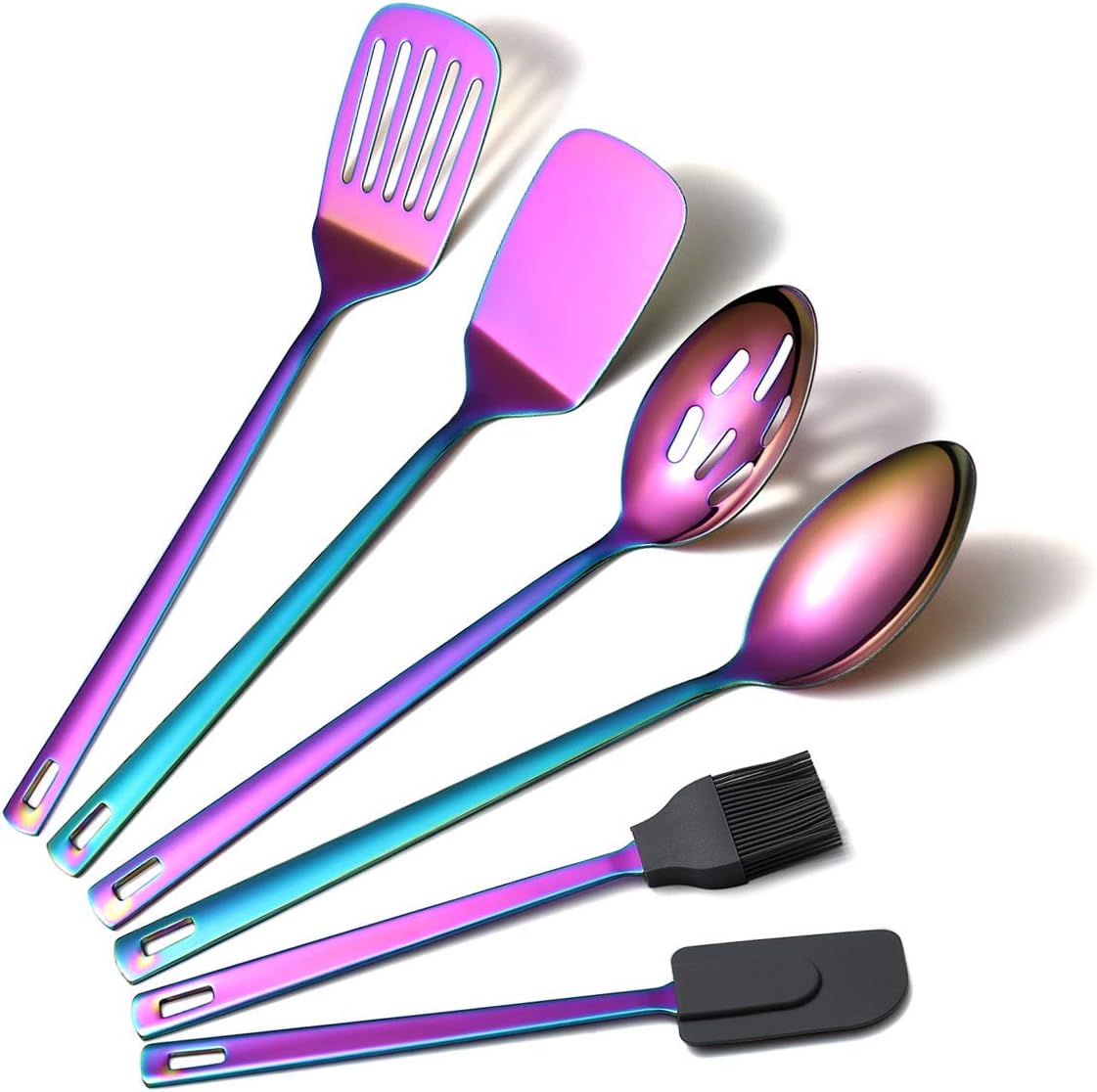 Amazon Brand Rainbow Kitchen Utensils Set, 6 Pieces Stainless Steel Cooking Utensils